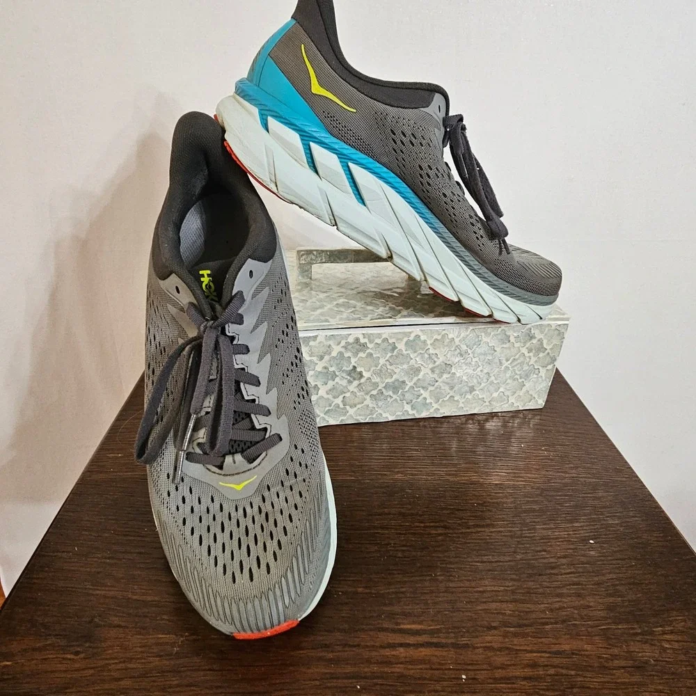 Hoka One One Clifton 7 Mens Running Shoes Grey Blue Yellow 1110508 WDDS Size 11